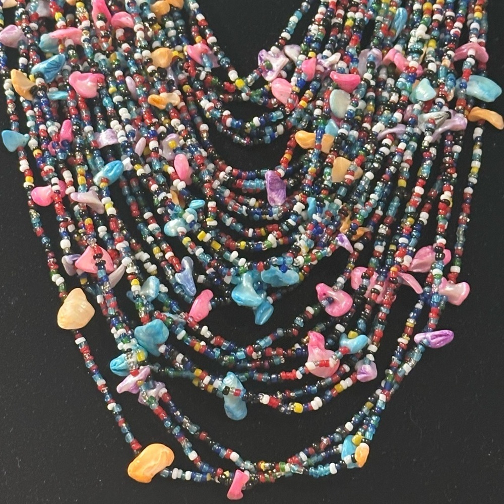 Multi-strand Shells & Seed Beads Multicolored Bib Necklace Layered Bright Pastel - Picture 8 of 15